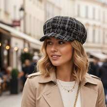 Women's Classic Beret Hat Stylish Korean Style Plaid Pattern Newsboy Cap Warm Winter Octagonal Hat For Outdoor Daily Use - White - View 5