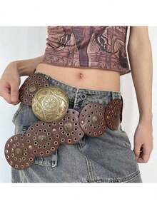 1 Thắt lưng thời trang hình tròn bằng da PU màu nâu đồng, kiểu dáng oval, phù hợp với phong cách bohemian, thích hợp sử dụng hàng ngày. - Nâu tròn - Xem 2