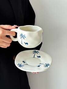1 pieza Camello y Palmera - Taza de café y platillo de cerámica "Barco del Desierto", taza de café de cerámica hecha a mano con estilo minimalista Ins, taza de cerámica de alta calidad, cerámica - Apta para leche, café, té de la tarde de las damas, regalo - Multicolor - Ver 13