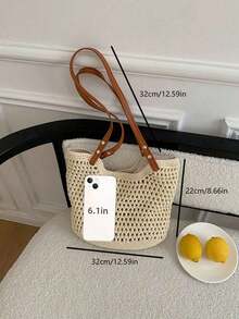 2024 New Arrival Women's Bag, Woven Beach Bag, Versatile Shoulder Bag For Beach Vacation Or Commuting School Tote Bag, School Bookbag, Portable, Foldable, Business Casual, Suitable For Teen Girls Women, Vacation Essentials, Perfect For Summer, Vacation & Beach, Newest Holiday Bag, Hottest Beach Bags ,Vacation Essentials - 杏色 - 查看 4