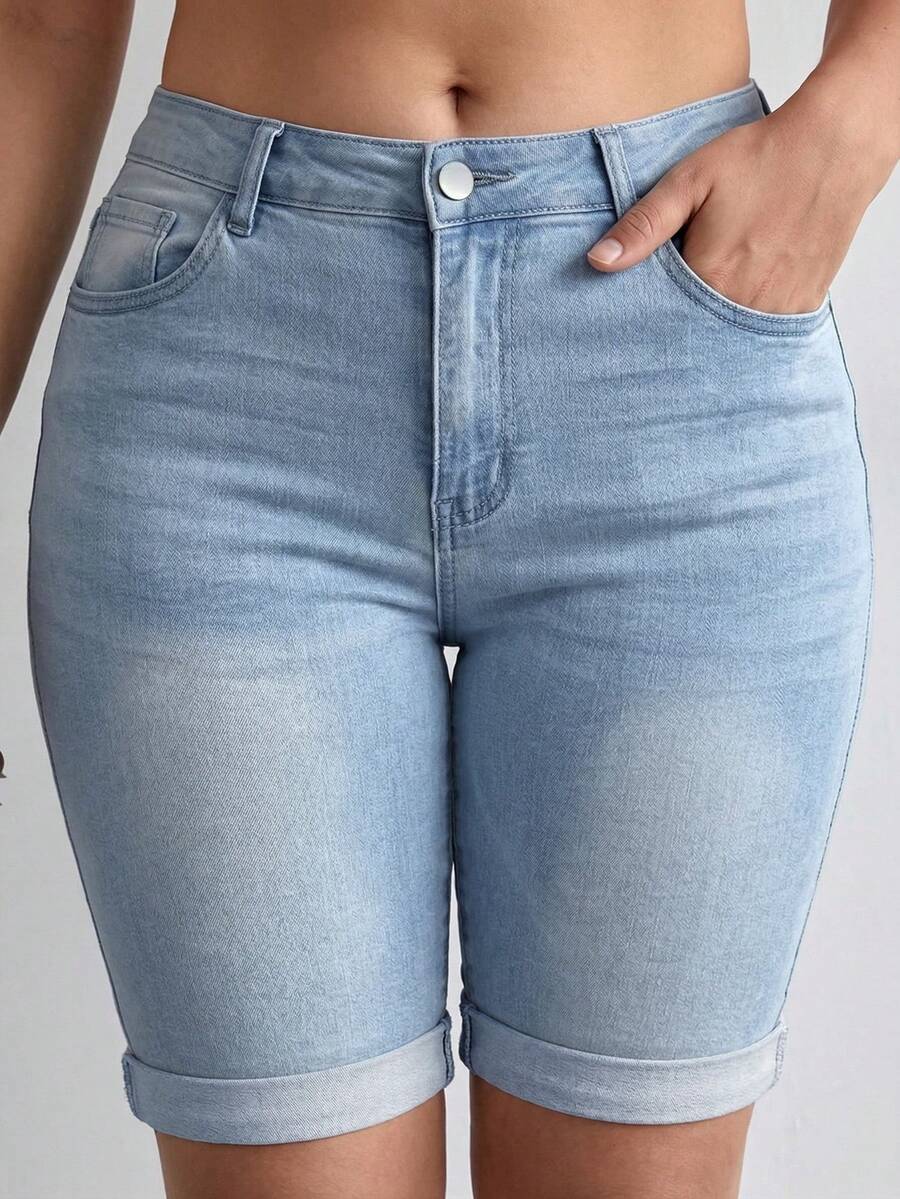 Plus Size Women's Distressed Skinny Biker Jeans - Stretchy Denim & Slim Fit Casual Summer - Light Wash - View 1