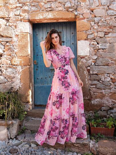 Faeriesty Đầm dạ hội nữ thanh lịch cổ chữ V, tay phồng, viền bèo nhún, dáng chữ A - Hoàn hảo cho đám cưới, dạ hội, tiệc tùng, lễ trao giải và các sự kiện từ thiện. Màu hồng, thích hợp cho mùa xuân.