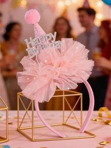1pc Happy Birthday Pink Tulle Headband, Rhinestone Birthday Crown Headpiece, Fashion Hair Accessory, Suitable For Girls/Daughters Party Gift - Pink - View 2
