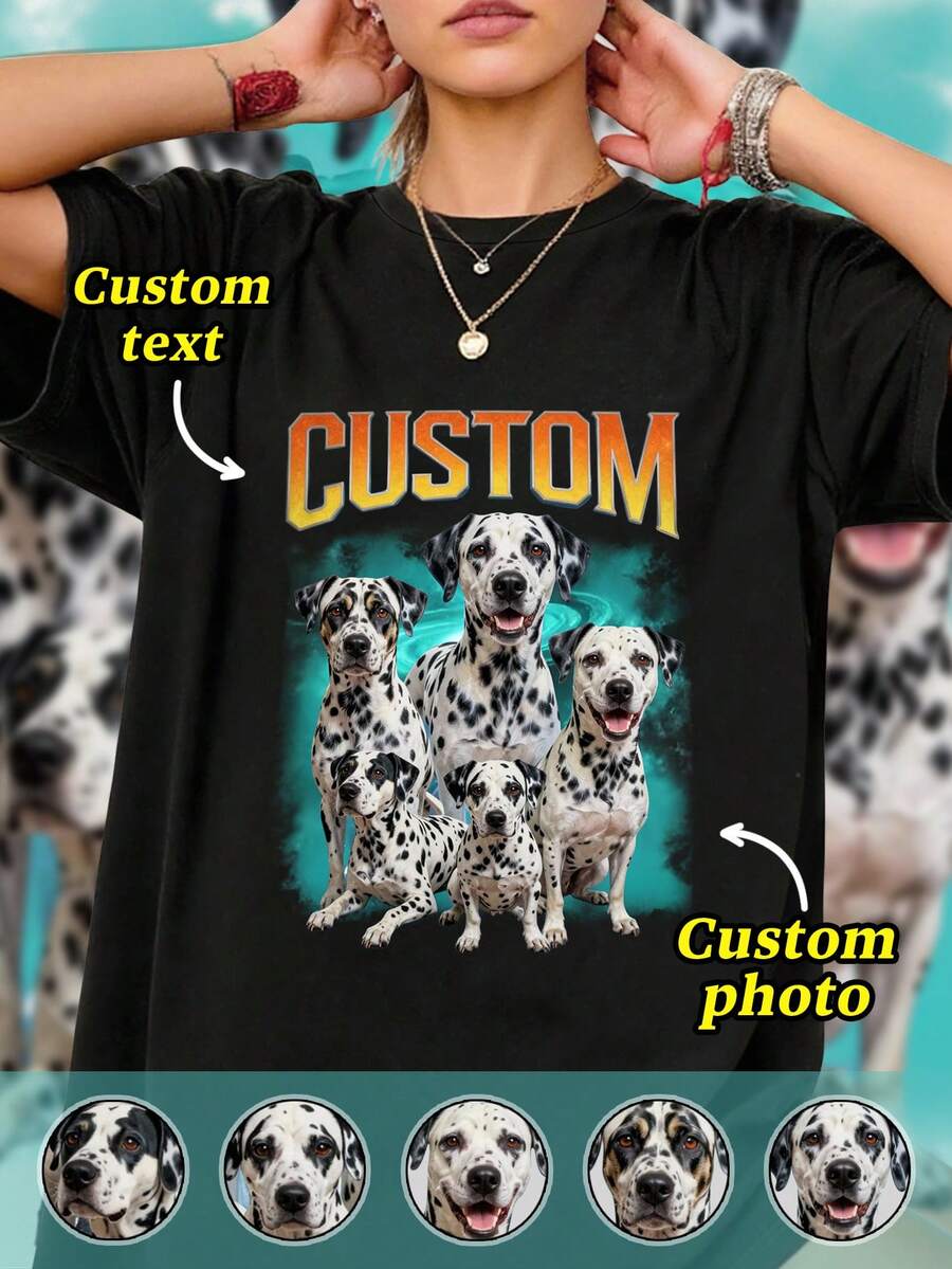 Customized Pet Print T-Shirt, 90s Vintage Bootleg Rap Style, Personalized Pet Photo Design, Custom Text/Image Design - Black - View 1