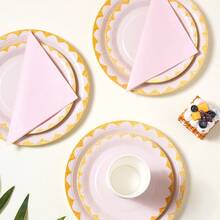 粉色镶边一次性餐具套装，7/9英寸派对餐盘，一次性纸盘、纸杯、餐巾纸，适用于节日、婚礼、订婚、生日、派对、庆典等场合。 - 多色 - 查看 3