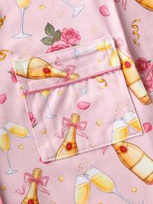 2 pezzi Set pigiama da donna con stampa rosa romantica, in tessuto di seta di qualità, morbido e delicato sulla pelle, camicia con maniche corte e pantaloncini larghi e comodi con bottoni, stile femminile per il pigiama - Rosa - Visualizzare 4