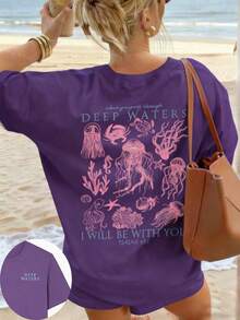Women's Summer New Simple Cute Marine Life Print Casual Vacation Style Loose Versatile Round Neck White Short-Sleeved T-Shirt Fashionable Daily Tops Suitable For Daily Vacation Wear. Graphic Tees Women Pink Top-Unisex Comfortable Vintage Street Style Loose-Fit Washed T-Shirt - 紫色 - 查看 13