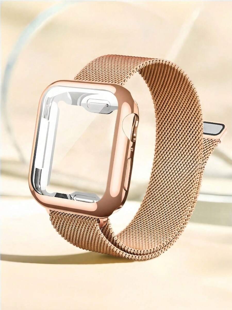 1件装奢华玫瑰金表带表壳,兼容 38mm 40mm 41mm 42mm 44mm 45mm,不锈钢网状表带,带屏幕保护膜,防摔防刮表壳,智能表带配件,兼容 Series 9 8 7 SE3 6 5 4 3 2 1 - 玫瑰金 - 查看 1