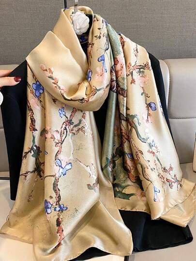 1条春季花卉印花缎面围巾，复古质感，艺术气息，多功能披肩/围巾