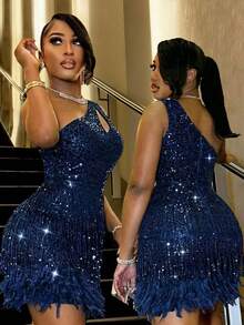 CHOSMO Đầm dạ hội màu đỏ tía thanh lịch thêu lông vũ, đầm dự tiệc sang trọng, đầm dạ hội đính sequin lãng mạn dành cho nữ, đầm dạ hội dễ thương cho Giáng sinh, Năm mới, Lễ tình nhân, đám cưới, các dịp trang trọng mùa xuân - Màu xanh hải quân - Xem 7