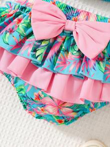 Set de 3 piezas de camiseta de tirantes, bralette y pantaleta con estampado a cuadros lindo y casual para bebé/niña pequeña con gorro - Multicolor - Ver 4