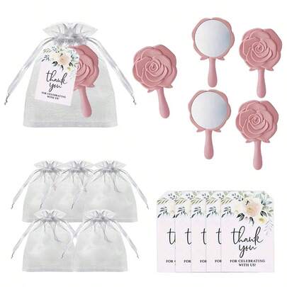 玫瑰图案镜子，塑料化妆镜，新娘感谢卡（附赠欧根纱袋），婚礼回礼，伴娘礼物（赠送宾客），新娘送礼会用品，婴儿派对装饰/派对用品