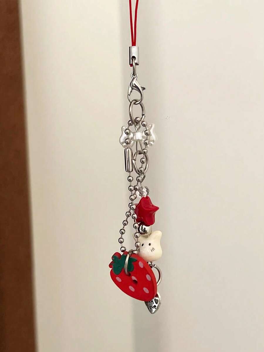 1pc Handmade Beaded Strawberry Rabbit Phone Charm - Phone Lanyard, Phone Pendant, Phone Accessory, Bag Charm, Keychain, Case Hanger, Holiday/Birthday Gift (For Women) - Multicolor - View 1