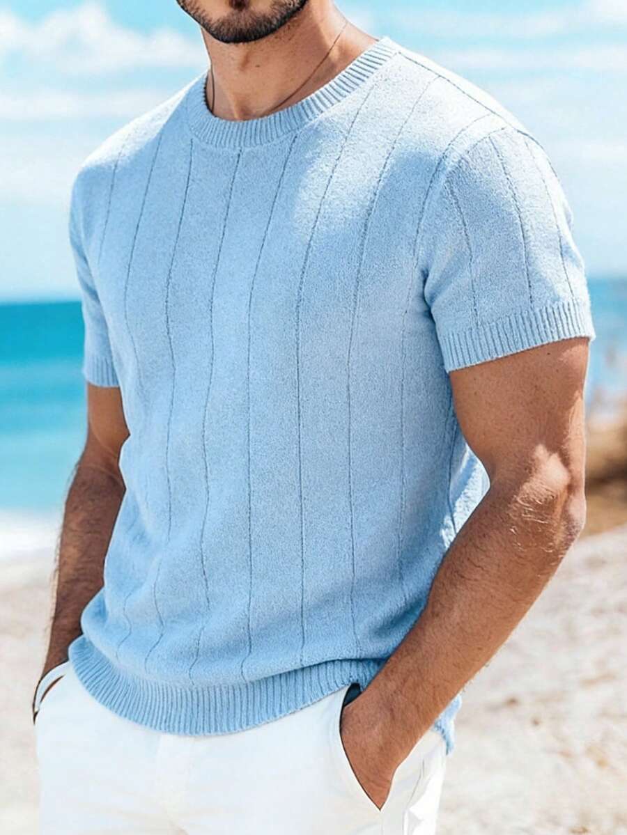 GRDR Suéter de punto de cuello redondo de manga corta acanalado para hombre de verano - Celeste - Ver 1