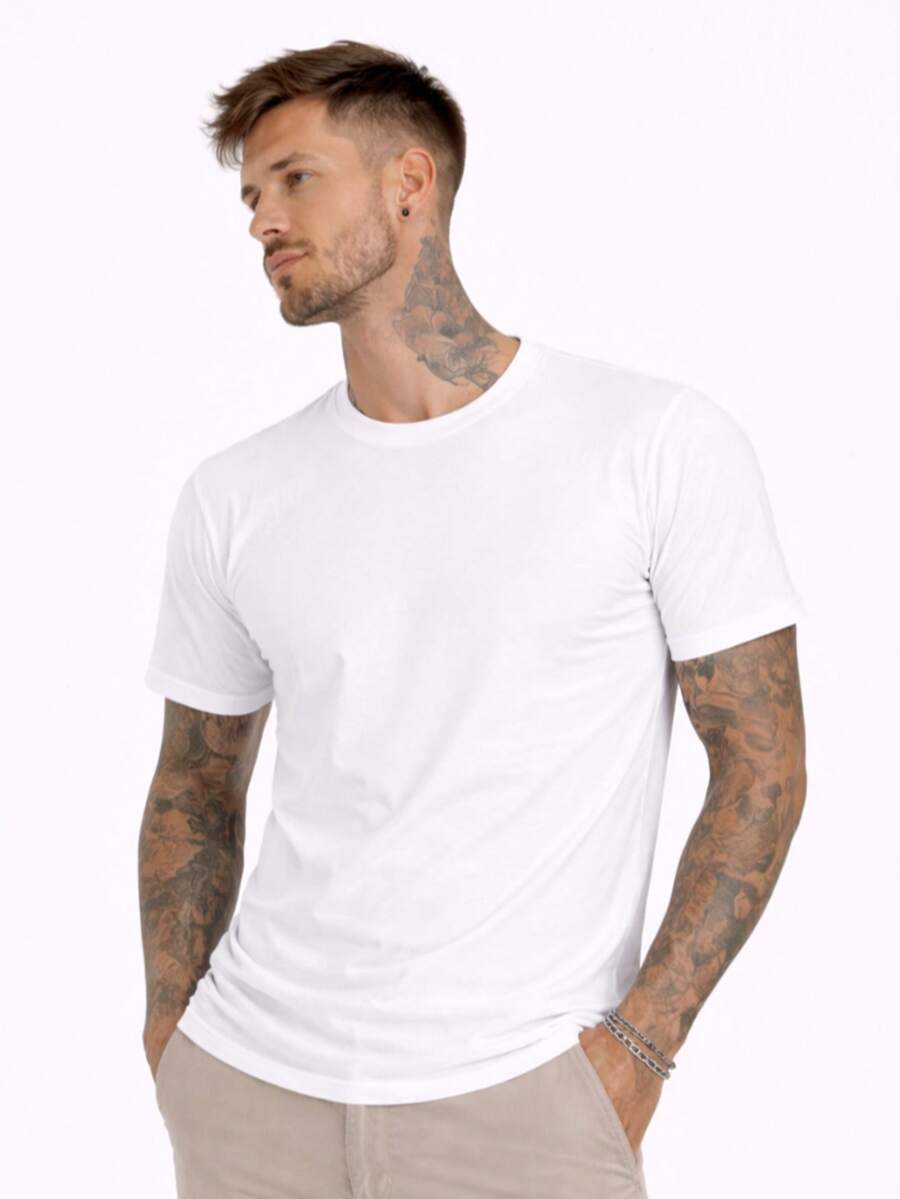 Men's Basic Casual Plain T-Shirt In Premium Combed Cotton, Sizes S To XL - 白色 - 查看 1