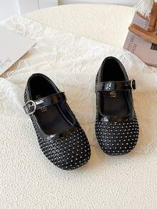 Girls' White Grid Rhinestone Mary Jane Flats, Adjustable Buckle Soft Sole Princess Party Shoes - Black - View 2