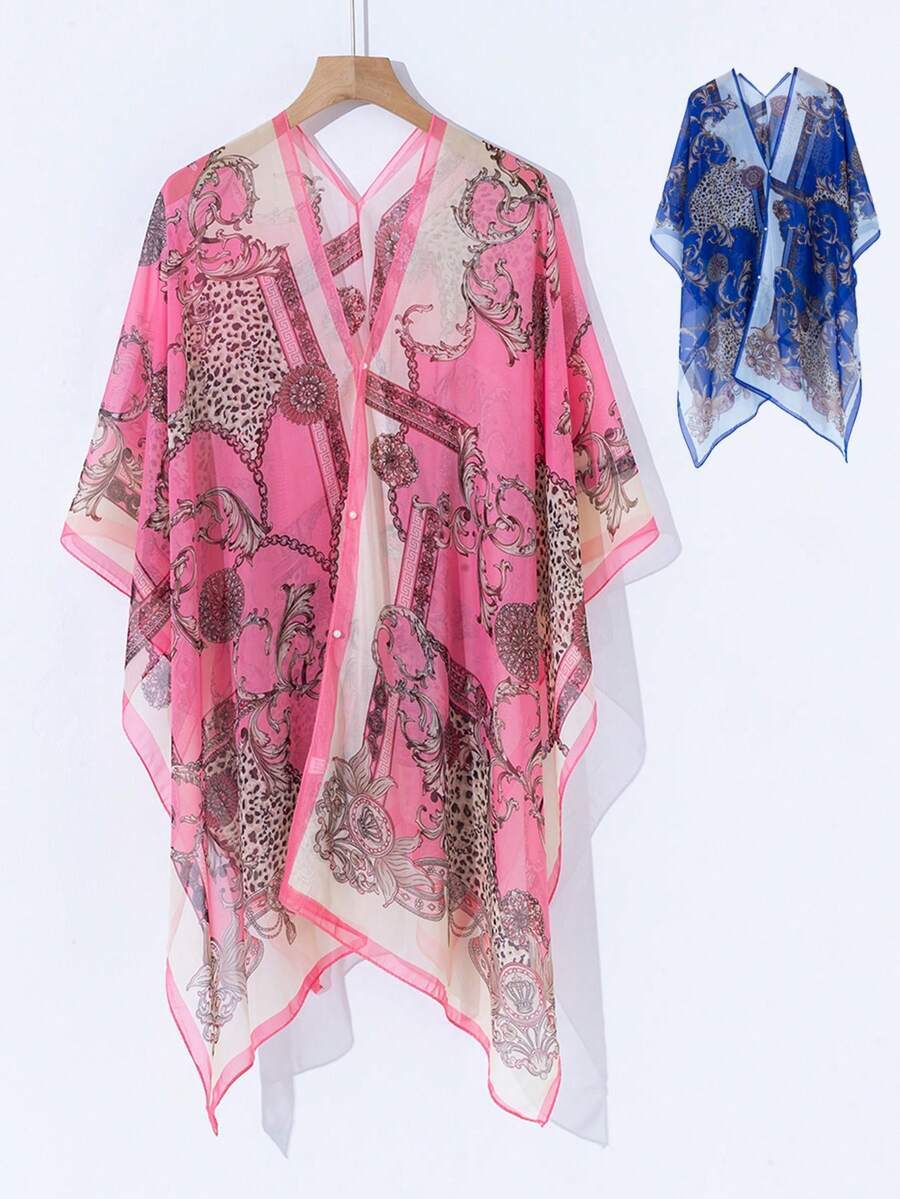 1 pieza Nuevo chal grande minimalista y versátil con diseño de cadena con estampado floral y de leopardo, ideal para verano, playa y vacaciones - Multicolor - Ver 1
