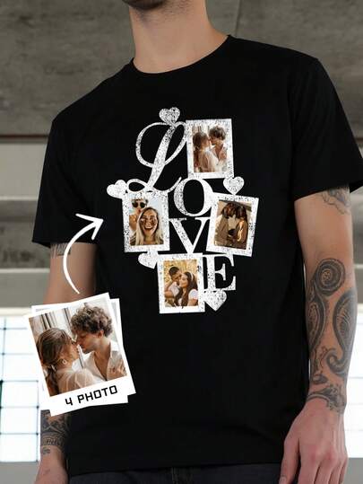 Áo thun nam dáng rộng, thoải mái, được thiết kế theo yêu cầu. Thêm chữ "LOVE" kiểu cổ điển, họa tiết trái tim và khung ảnh gia đình/cặp đôi có thể thay đổi để tạo không khí lãng mạn. Đây là lựa chọn tuyệt vời cho các buổi họp mặt gia đình, kỷ niệm, ngày lễ, quà cưới, quà Ngày của Cha, quà tặng bạn bè, quà kỷ niệm, quà Ngày Valentine hoặc quà tặng cho người yêu.