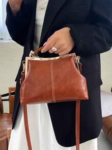 Tas Selempang Kulit PU untuk Wanita, Tas Tangan dengan Gesper Bergaya Vintage, Tali Bahu yang Dapat Diatur, Tas Bahu Tunggal Ringan Warna Polos dengan Lapisan Poliester - Coklat - View 3