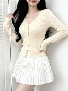 [Y6Y]1pc Women Solid Color Lace Collar Button Knit Top, Autumn Daily Wear Gentle Style Long Sleeve Mesh Embroidered Hollow Out Cardigan - Apricot - View 3