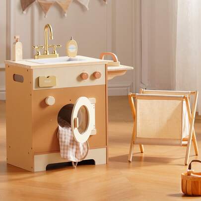 Robotime Wooden Washing Machine Toy Set – Caramel-Colored Realistic Washing Machine With Ironing Board, Accessories, And Movable Beads, An Interactive Toy For Children Aged 3 And Up