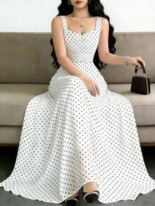 Đầm midi nữ cổ vuông chấm bi, dáng ôm eo, thanh lịch và đa năng, phù hợp cho mặc hàng ngày, đi nghỉ mát, du lịch, mùa xuân/hè. Màu trắng. - trắng - Xem 4