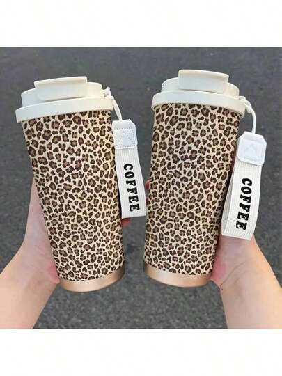 Leopard Print Tumbler 530ml Stainless Steel Thermal Cup | Double Wall Insulated Travel Mug With Straw & Leak Proof Lid | Portable Handle For Office, Gym, Sports | Cold Hot Drink Bottle Gift For Women