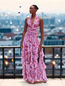 Elegant Long Dress Halter Off Shoulder Backless Dress For Women Slim Fit Long Formal Gown For Luxury Evening Party, Fashion & Graceful Strap Sexy Tie-Up Ruffle Hem Slit Dress - 粉紅紫色 - 查看 2