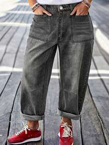 Plus Size Loose Non-Stretch Denim Jeans With Button Decor, Long Denim Pants For Plus Size Spring Casual - Grey - View 1