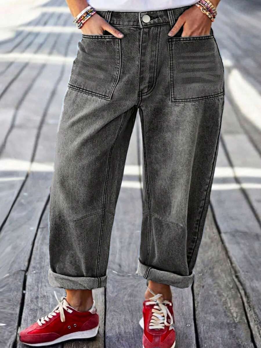 Plus Size Loose Non-Stretch Denim Jeans With Button Decor, Long Denim Pants For Plus Size Spring Casual - Grey - View 1