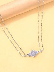 1pc Niche Elegant Double-Layer Chain Rhinestone Inlaid Choker Necklace, Geometric Delicate Versatile Necklace Jewelry For Women - Silver - View 4