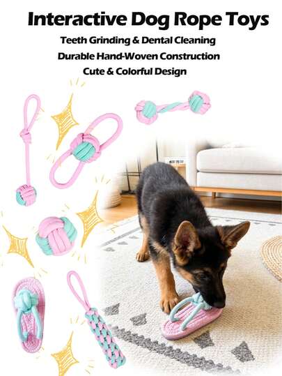 Đồ chơi dây thừng thắt nút cho chó (1 cái/3 cái/5 cái/7 cái). Giúp giảm khó chịu trong thời kỳ mọc răng của chó con và đáp ứng nhu cầu gặm nhấm hàng ngày của chó trưởng thành. Dây thừng có kết cấu sần sùi sẽ cọ xát vào bề mặt răng khi chó gặm. Giúp giảm lo lắng khi bị tách rời và buồn chán. Thích hợp cho chó cỡ vừa và nhỏ để chơi kéo co, ném và bắt. Màu sắc tươi sáng thu hút sự chú ý của chó. Đồ dùng cho thú cưng, Đồ chơi cho thú cưng
