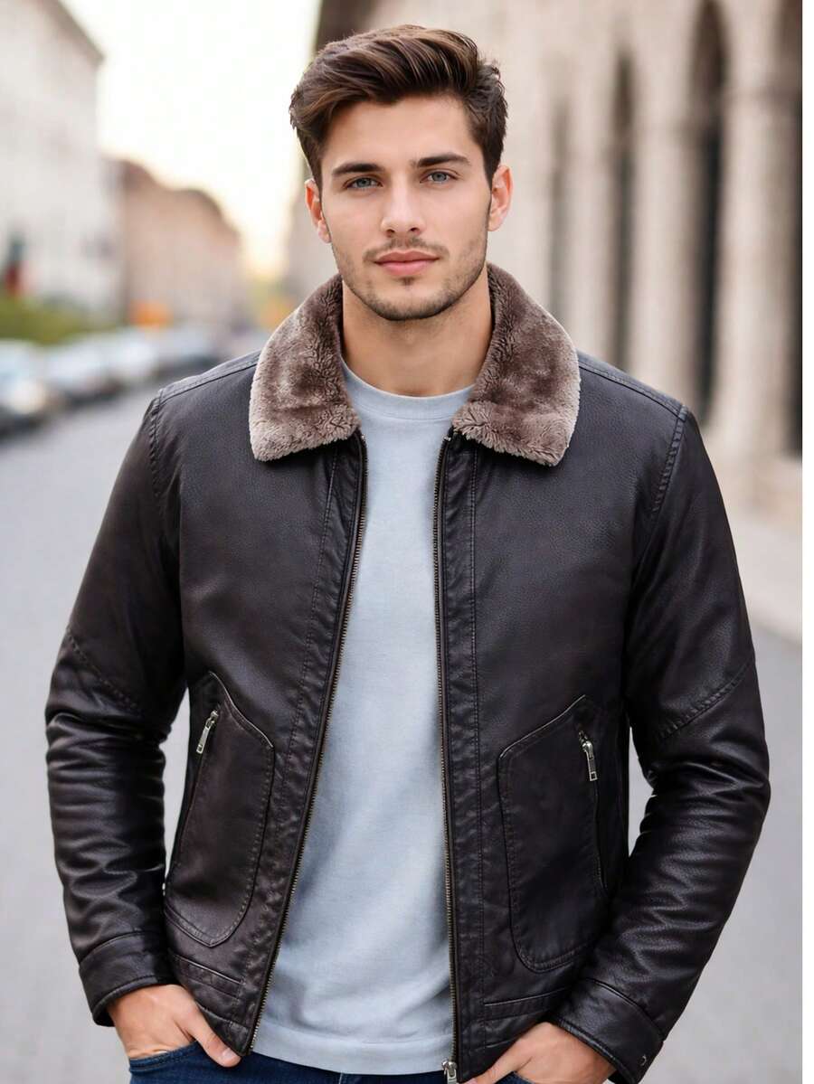 Imported Men's Slim Fit Leather Jacket, Lined For Cold Weather - 黑色 - 查看 1