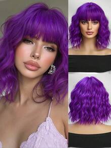 Wig Ungu Bergelombang 12 Inci dengan Poni, Wig Sintetis Pendek Keriting Tahan Panas untuk Wanita, Cocok untuk Pesta, Pemakaian Sehari-hari, Berwarna-warni, Populer untuk Festival Musik - Purple - View 2