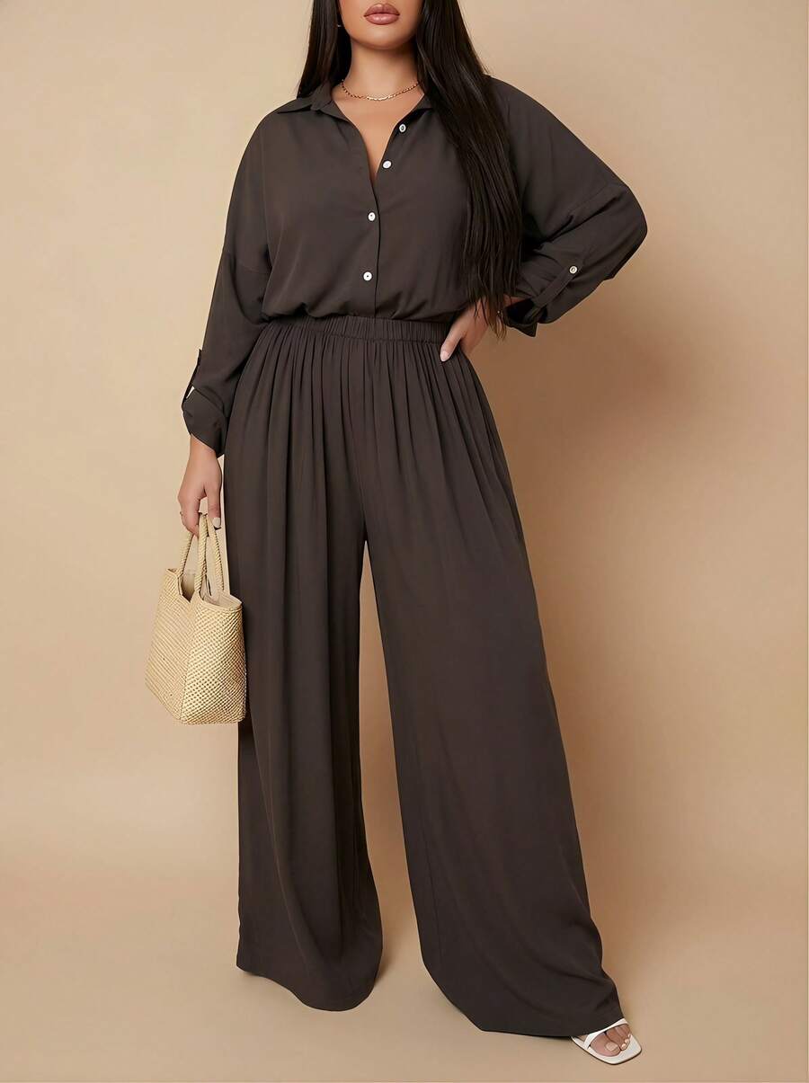 Whisplicity Plus Women's Solid Color Button Up Shirt&Pants Plus Size Elegant Two Pieces Set Spring - Mocha Brown - View 1