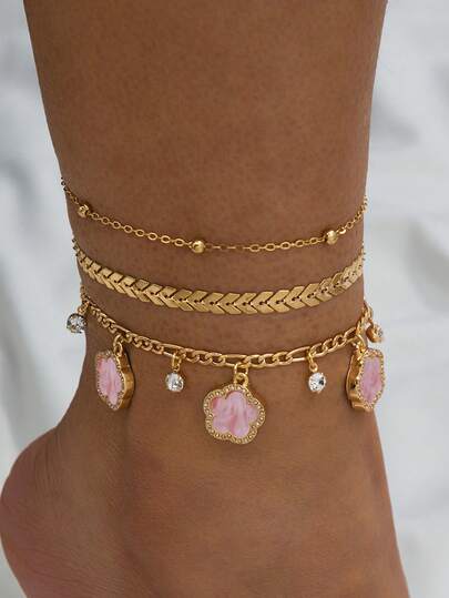 3pcs/Set Summer Beach Style Wheat Chain Necklace, Sparkling Charm, Pink Sweet Clover Pendant Anklet Set (Due To Handmade Cutting, The Number Of Beads On The Chain May Vary, But The Final Length Remains The Same)
