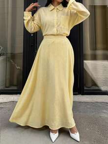 Middle Eastern Vacation Casual Fashion Yellow Two Pieces Set, Without Headscarf - Yellow - View 2