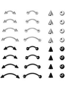 32件套眉部穿孔饰品套装，包括竖唇环、唇部穿孔饰品、眉环、医用钢弯杆、竖唇钉、唇部饰品、耳环、螺旋贝壳、雏菊 - A - 查看 1