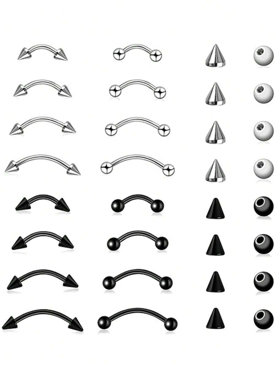 32件套眉部穿孔饰品套装，包括竖唇环、唇部穿孔饰品、眉环、医用钢弯杆、竖唇钉、唇部饰品、耳环、螺旋贝壳、雏菊 - A - 查看 1