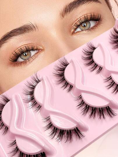 ENCHUW 5 pares de pestañas postizas de aspecto natural con ojos de gato, banda transparente, pestañas postizas 3D rizadas, pestañas gruesas y esponjosas, multipack