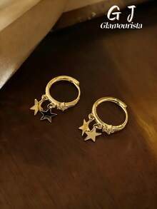 1 Pasang Anting Hoop Pentagram Rhinestone Kecil yang Modis, Lucu, Elegan, dan Serbaguna untuk Wanita, Cocok untuk Dipakai Sehari-hari dan Acara Festival - Bintang - View 1