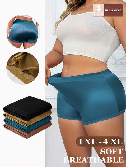 4pcs Plus Size Women's Hipster Panties With French Lace Trim, Glossy Waistband, Comfortable Soft Breathable Fabric