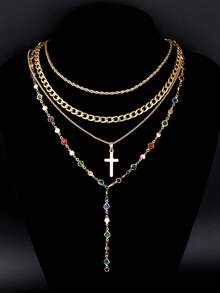 4 piezas Collar en forma de Y con colgante de cruz de cristal colorido y minimalista de acero inoxidable, estilo bohemio de moda, multicapa, casual, para playa, vacaciones, citas, uso diario, regalo versátil para novio, amigo, padre - Amarillo Oro - Ver 2