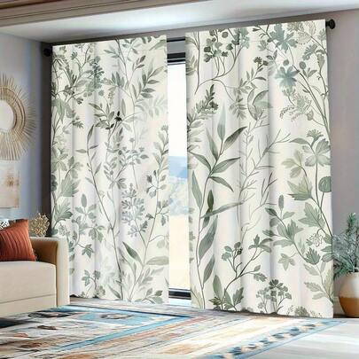 2PCS Light Green Grey Floral Curtains With Pole Pocket Design For Privacy Protection, Suitable For Bedrooms, Living Rooms, Dining Rooms, And Decorative Curtains