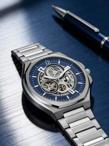 Fossil BQ2620 Evanston 男士自动机械表，蓝色镂空表盘，不锈钢材质，50米防水 - 藍色 - 查看 4