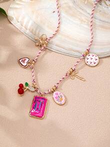 1 pieza Collar con múltiples capas de estilo bohemio y colorido para mujeres, con colgantes de elementos marinos esmaltados como lazo, estrella de mar y fruta, decoración de cuerda trenzada, accesorio de moda de verano - Multicolor - Ver 10