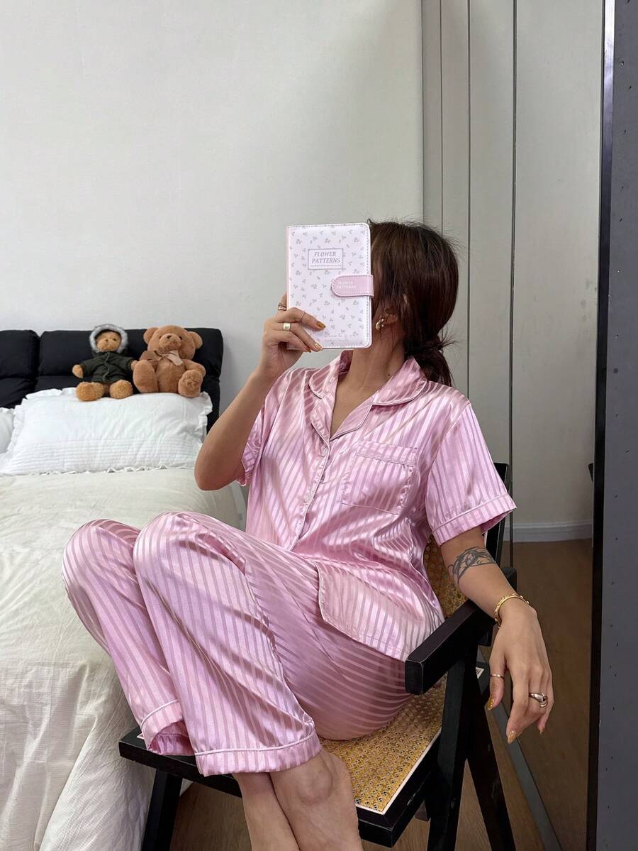 Dreamivo 2件套粉色经典条纹短袖裤女士睡衣家居服 - 粉色 - 查看 1
