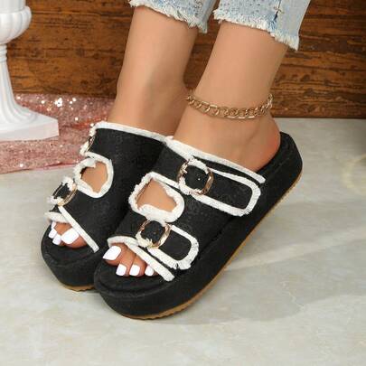 Vintage Elegant Sparkling Straw Lace Faux Pearl Waterproof Platform Thick Heel Comfortable Non-Fatiguing Vacation Daily Party Gift Women's High Heel Sandals, Summer