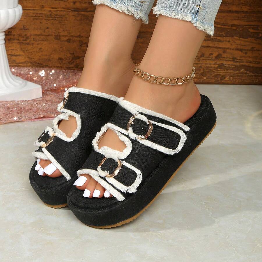 Giày sandal cao gót nữ kiểu dáng cổ điển, thanh lịch, đính ren rơm và ngọc trai giả, chống thấm nước, đế dày, thoải mái, không gây mỏi chân, thích hợp cho kỳ nghỉ, hàng ngày, tiệc tùng, quà tặng mùa hè. - Đen và trắng - Xem 1