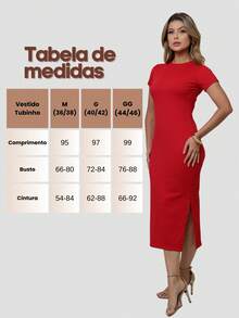Women's Ribbed Midi Dress, Fitted Bodycon, Short Sleeves, Side Slit, Elegant Look - Rojo - Ver 7